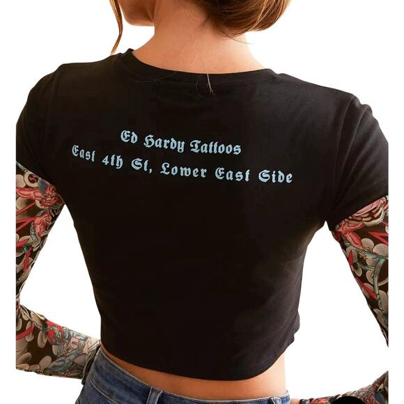 Ed Hardy Layered Tattoo Sleeve Koi Fish Black Graphic T Shirt Y2K Crop Top M - Picture 4 of 10